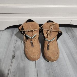 Tan Moccasin Boots with Beaded Detail
